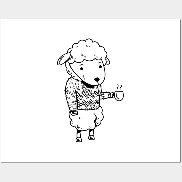 Sheep - Cute sheep drinking coffee Wall Art by KC Happy Shop